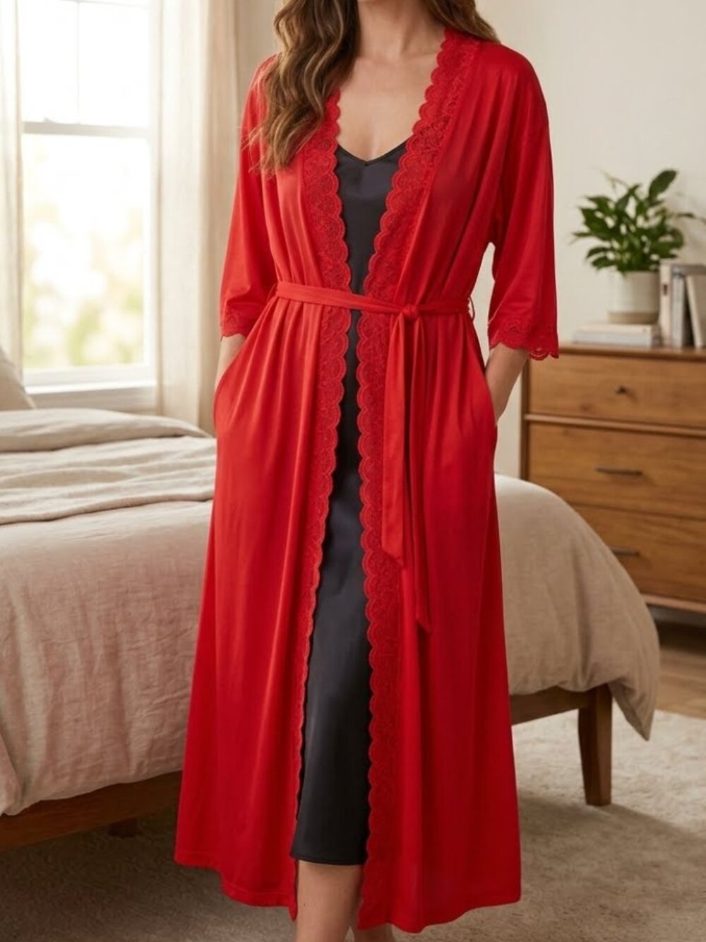 Vintage Nine's Woman's Red Bathrobe Short kimono Sleeves Semi Sheer Loungewear